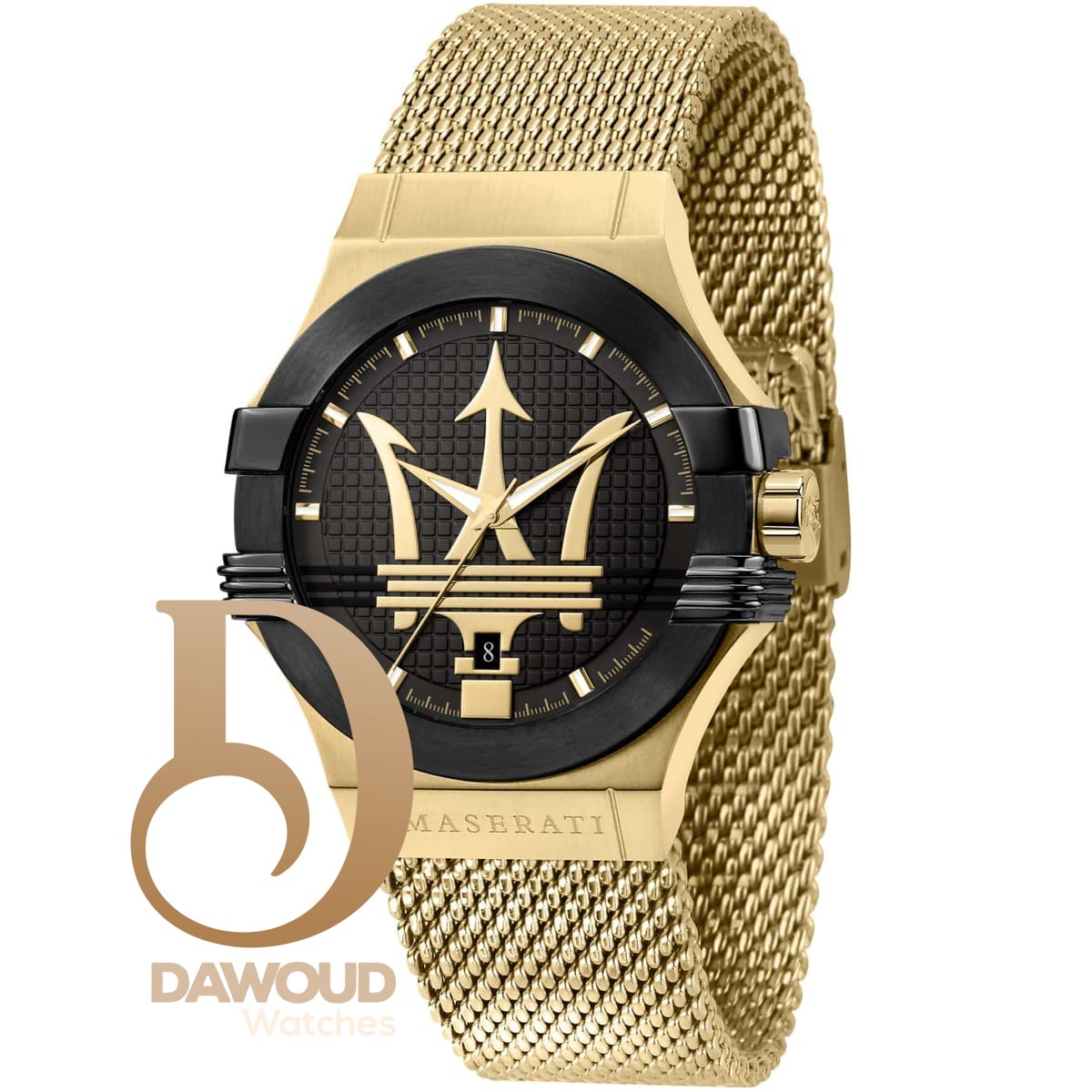 r8853108006-maserati-watch-men-black-dial-metal-stainless-steel-gold-mesh-strap-quartz-battery-analog-three-hand-potenza ساعة مازيراتي للرجال R8853108006 - الصورة 1