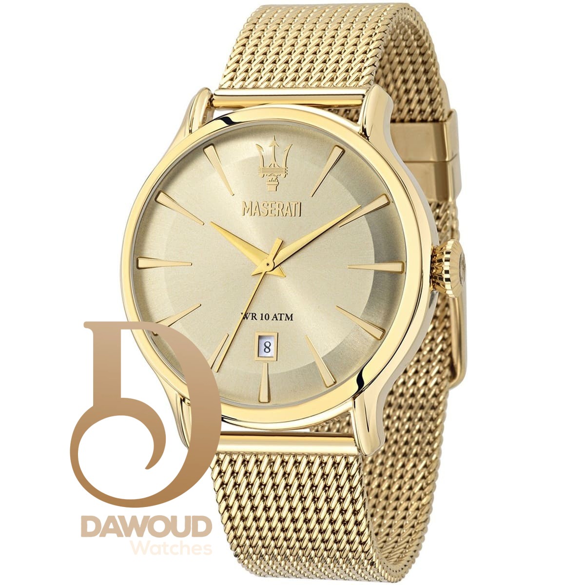 r8853118003-maserati-watch-men-gold-dial-metal-stainless-steel-golden-mesh-strap-quartz-battery-analog-three-hand-wr-10-atm-epoca ساعة مازيراتي للرجال R8853118003 - Image 1