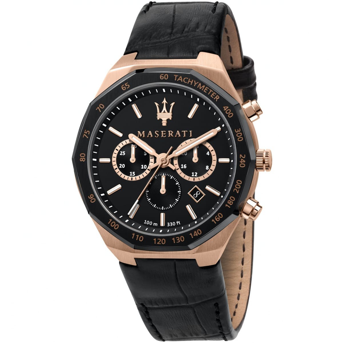 r8871642001-maserati-watch-men-black-dial-leather-strap-quartz-battery-analog-chronograph-100m-330ft-stile ساعة مازيراتي للرجال R8871642001 - الصورة 1