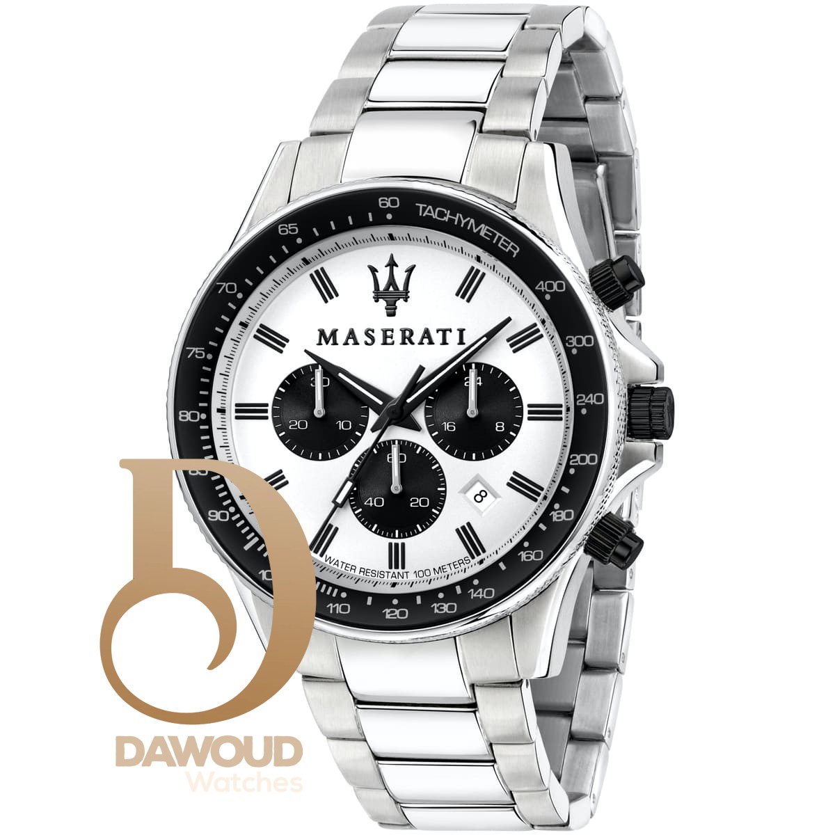 r8873640003-maserati-watch-men-white-dial-metal-stainless-steel-silver-strap-quartz-battery-analog-chronograph-tachymeter-water-resistant-100-meters-sfida ساعة مازيراتي للرجال R8873640003 - الصورة 1