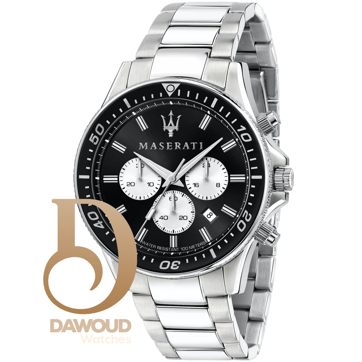 r8873640004-maserati-watch-men-black-dial-metal-stainless-steel-silver-strap-quartz-battery-analog-chronograph-water-resistant-100-meters-sfida ساعة مازيراتي للرجال R8873640004 - الصورة 1