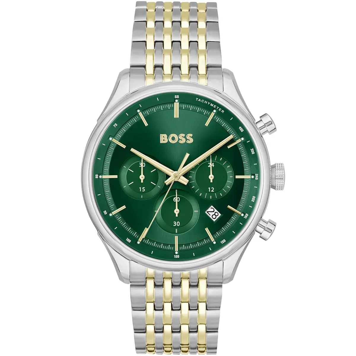 1514081 hugo boss watch men green dial metal stainless silver gold strap quartz battery analog chronograph gregor