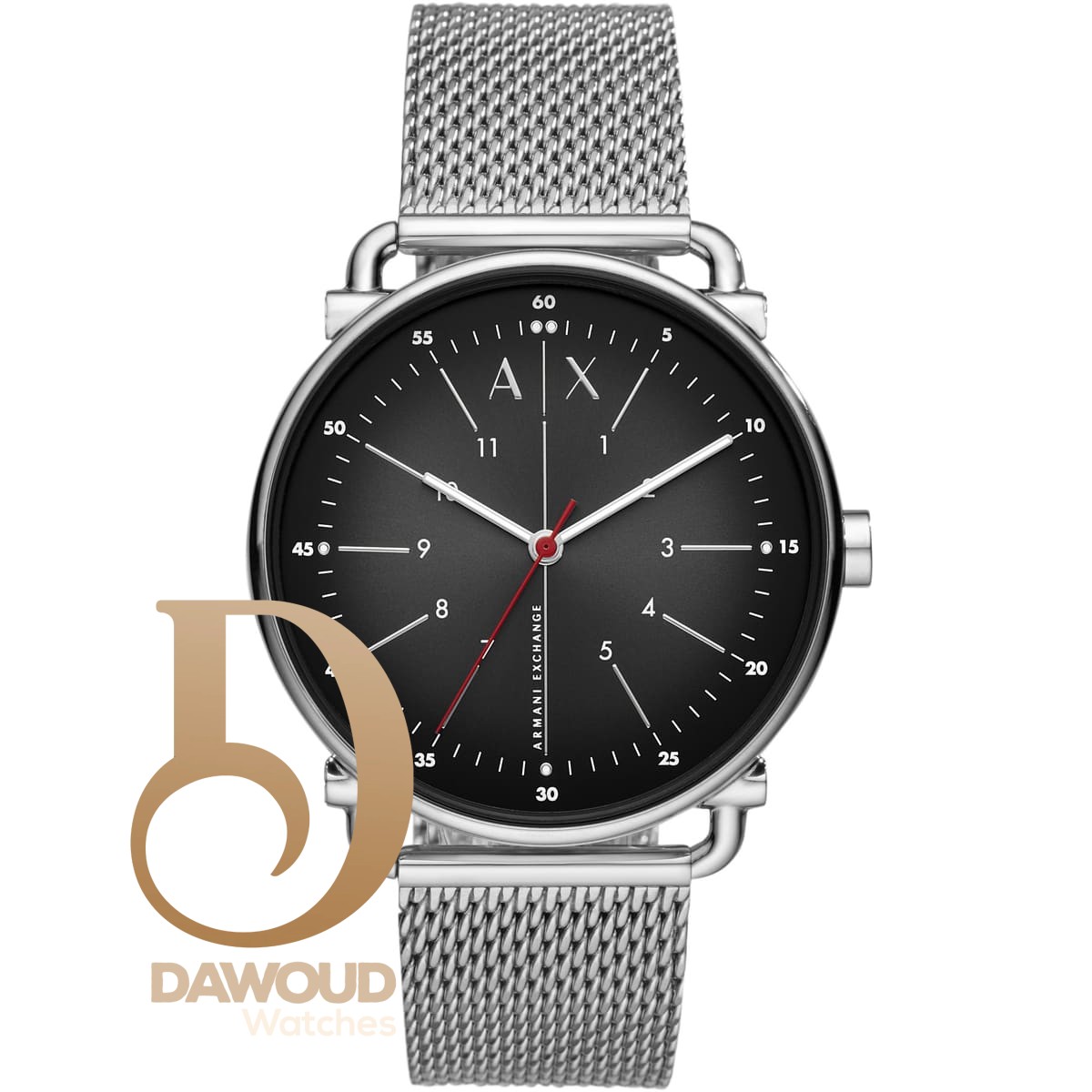 ax2900-armani-exchange-watch-men-black-dial-stainless-steel-metal-mesh-silver-strap-quartz-analog-three-hand-rocco ساعة ارماني اكستشنج رجالي AX2900 - الصورة 1