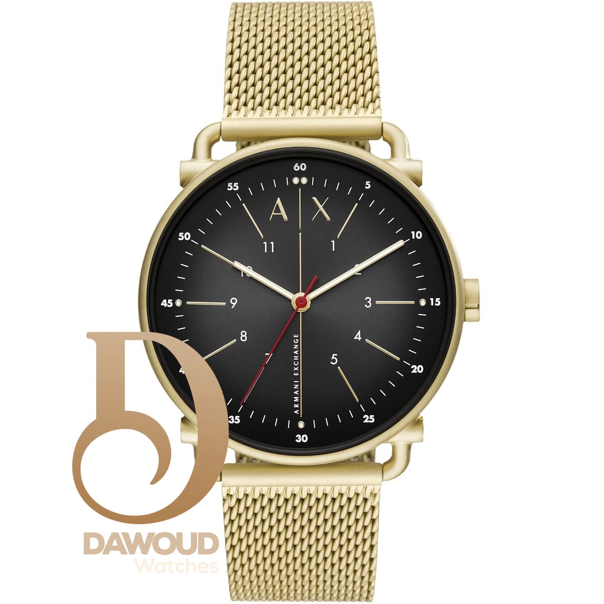 ax2901-armani-exchange-watch-men-black-dial-stainless-steel-metal-mesh-gold-strap-quartz-analog-three-hand-rocco ساعة ارماني اكستشنج رجالي AX2901 - Image 1