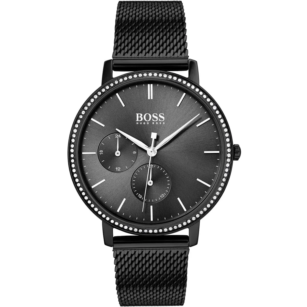 1502521-hugo-boss-watch-women-crystals-black-dial-metal-stainless-mesh-strap-quartz-battery-analog-three-hand-infinity ساعة هوجو بوس للنساء 1502521 - الصورة 1