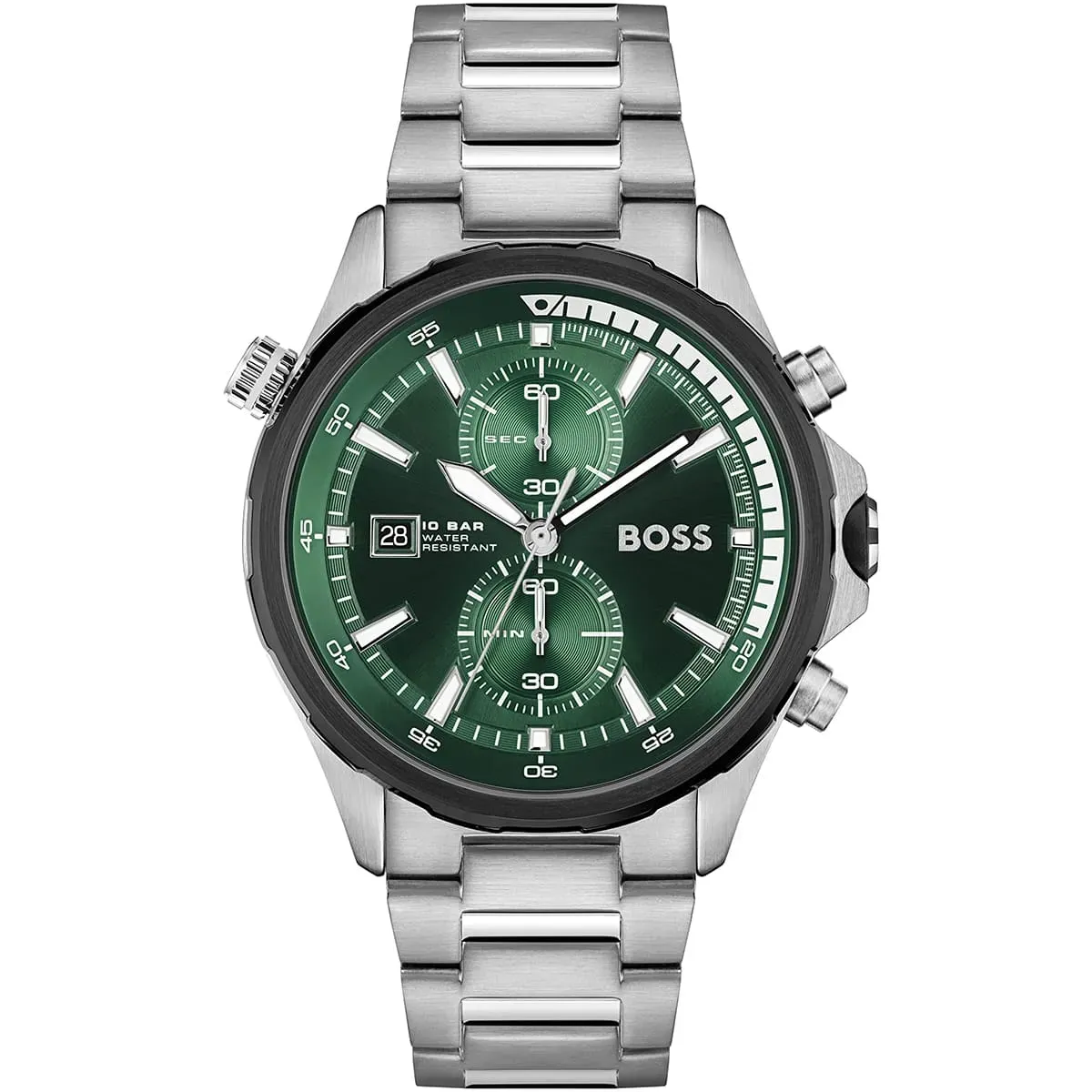 1513930 hugo boss watch 10bar water resistant men green black dial metal stainless silver strap quartz battery analog chronograph globetrotter