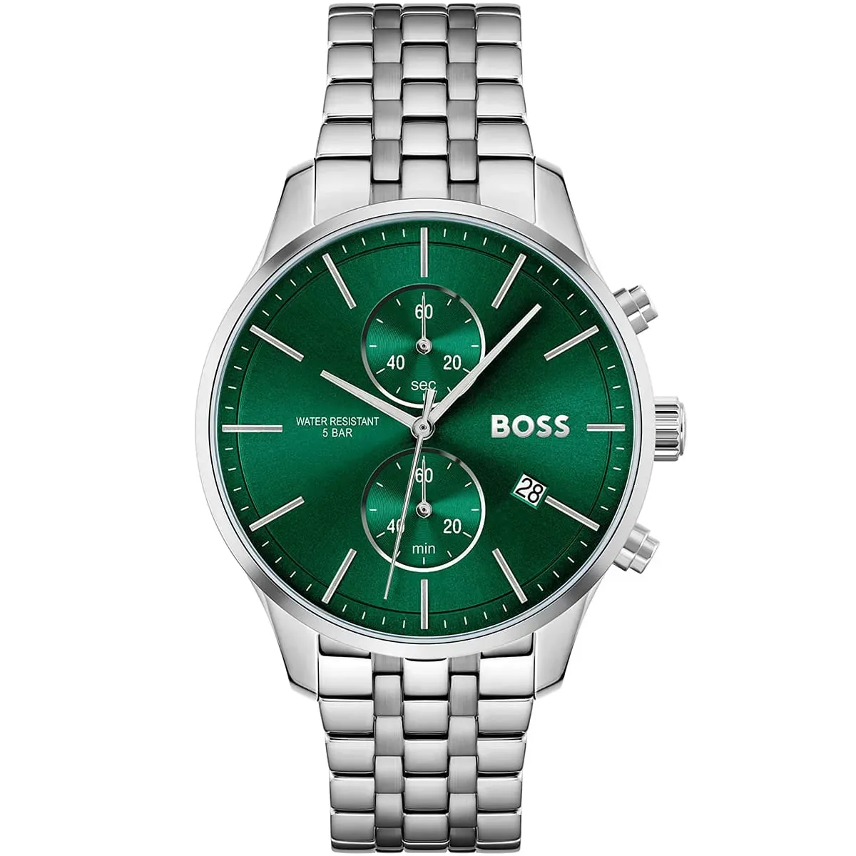 1513975 hugo boss watch water resistant 5bar men green dial metal stainless silver strap quartz battery analog chronograph associate