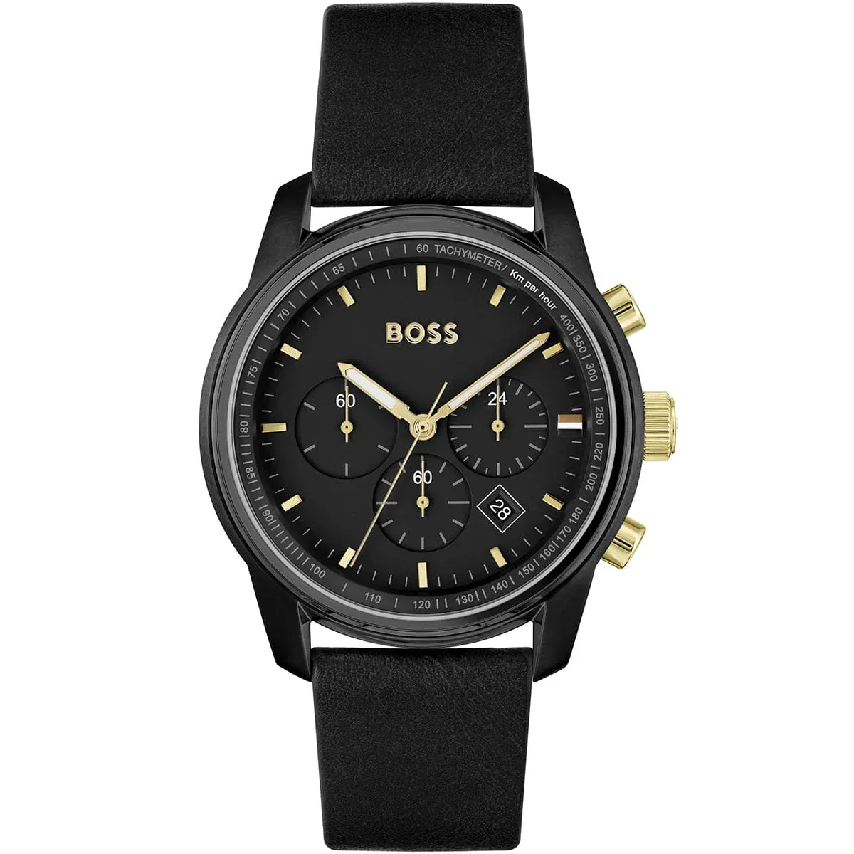 1514003 hugo boss watch men black dial leather strap quartz battery analog chronograph trace