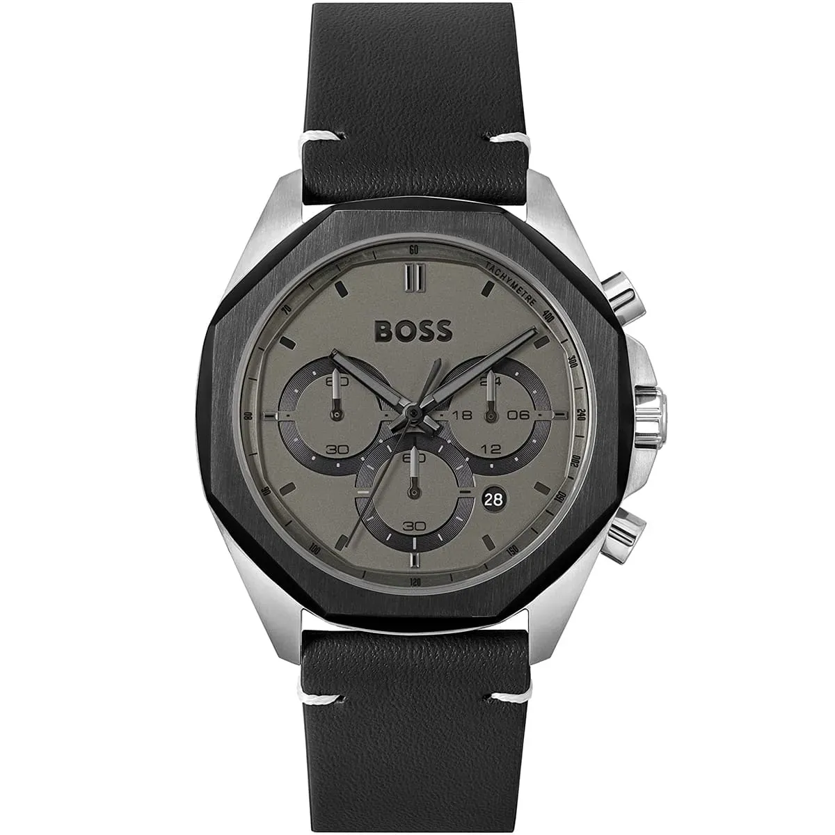 1514014 hugo boss watch men gray dial leather black strap quartz battery analog chronograph cloud