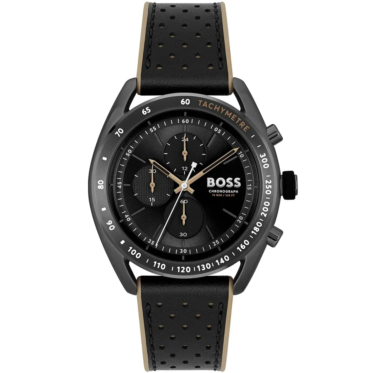 1514022 hugo boss watch chronograph 10bar 330ft men black dial rubber brown strap quartz battery analog centre court