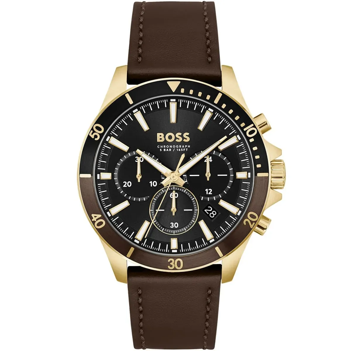 1514100 hugo boss watch men black dial leather brown strap quartz battery analog chronograph troper