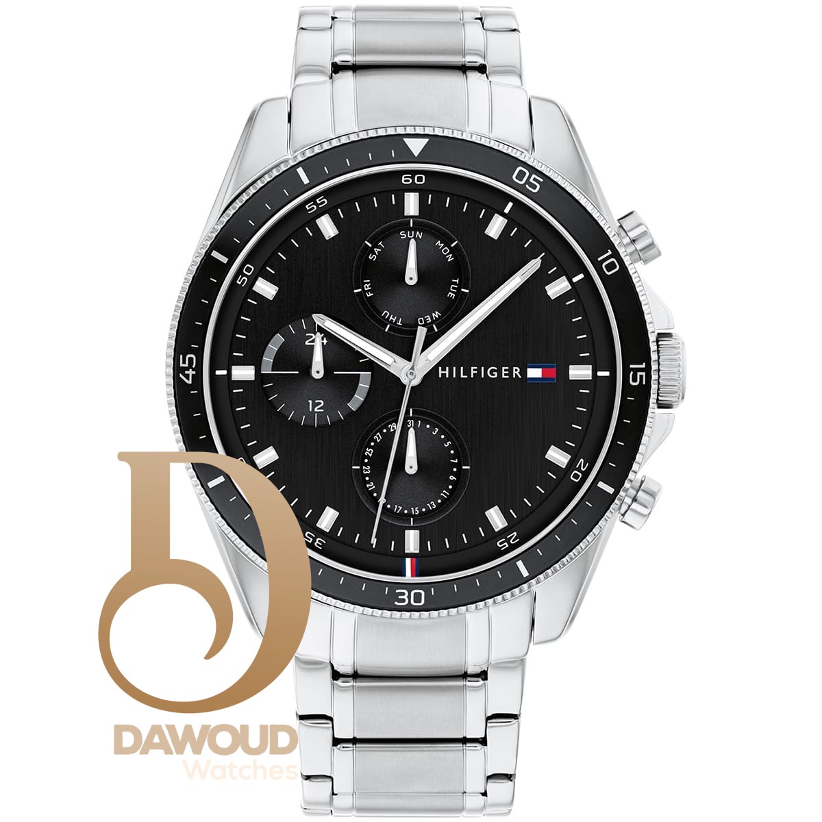 1791835-tommy-hilfiger-watch-men-black-dial-stainless-steel-metal-silver-strap-quartz-battery-analog-monthly-weekly-date-parker ساعة تومي هيلفيغر للرجال 1791835 - الصورة 1