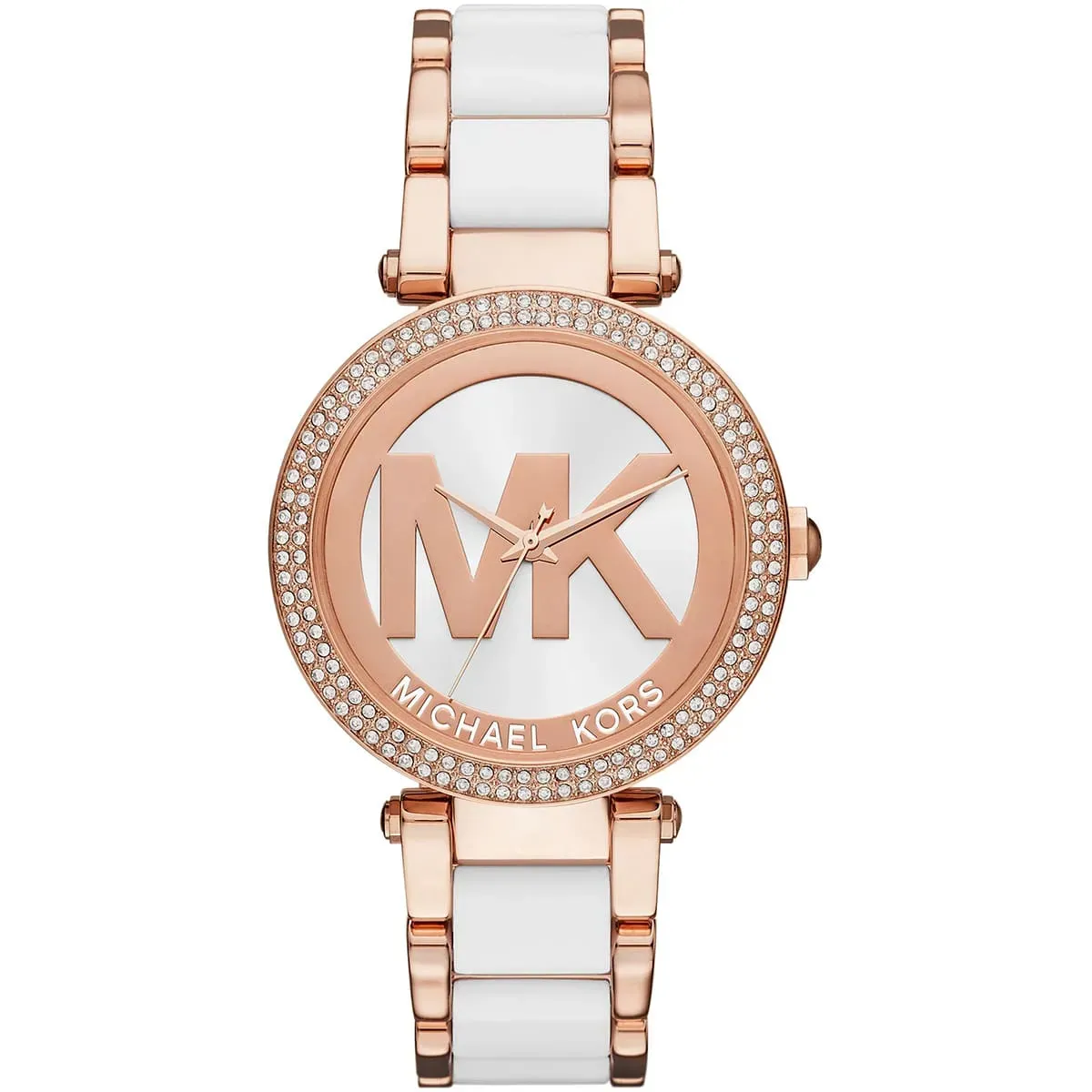 mk6365-michael-kors-watch-women-mk-logo-white-dial-multi-rose-gold-strap-quartz-battery-analog-three-hand-parker ساعة مايكل كورس للسيدات MK6365 - Image 1
