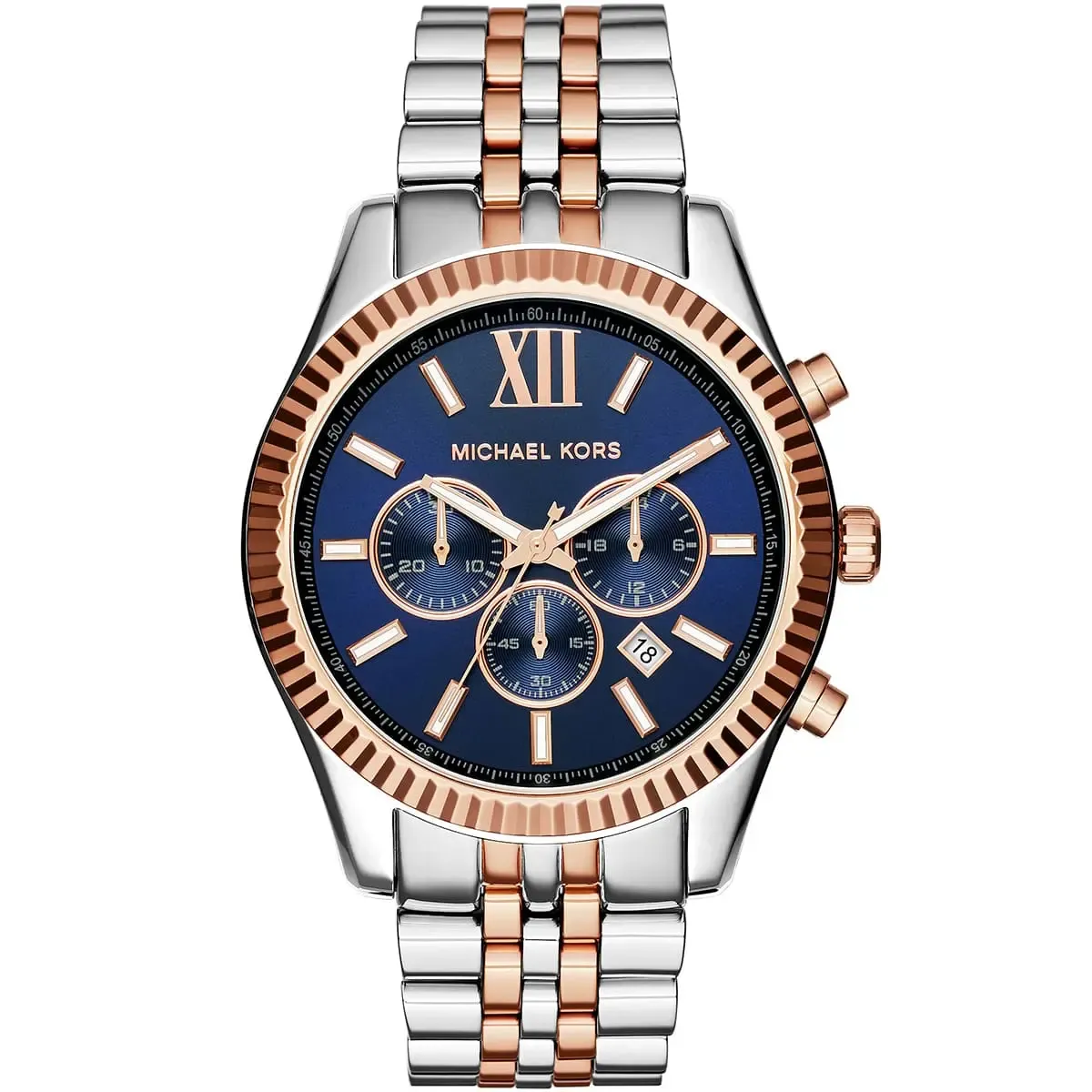 mk8412-michael-kors-chronograph-watch-men-blue-dial-metal-stainless-steel-silver-rose-gold-strap-quartz-battery-analog-lexington ساعة مايكل كورس للرجال والسيدات MK8412 - الصورة 1