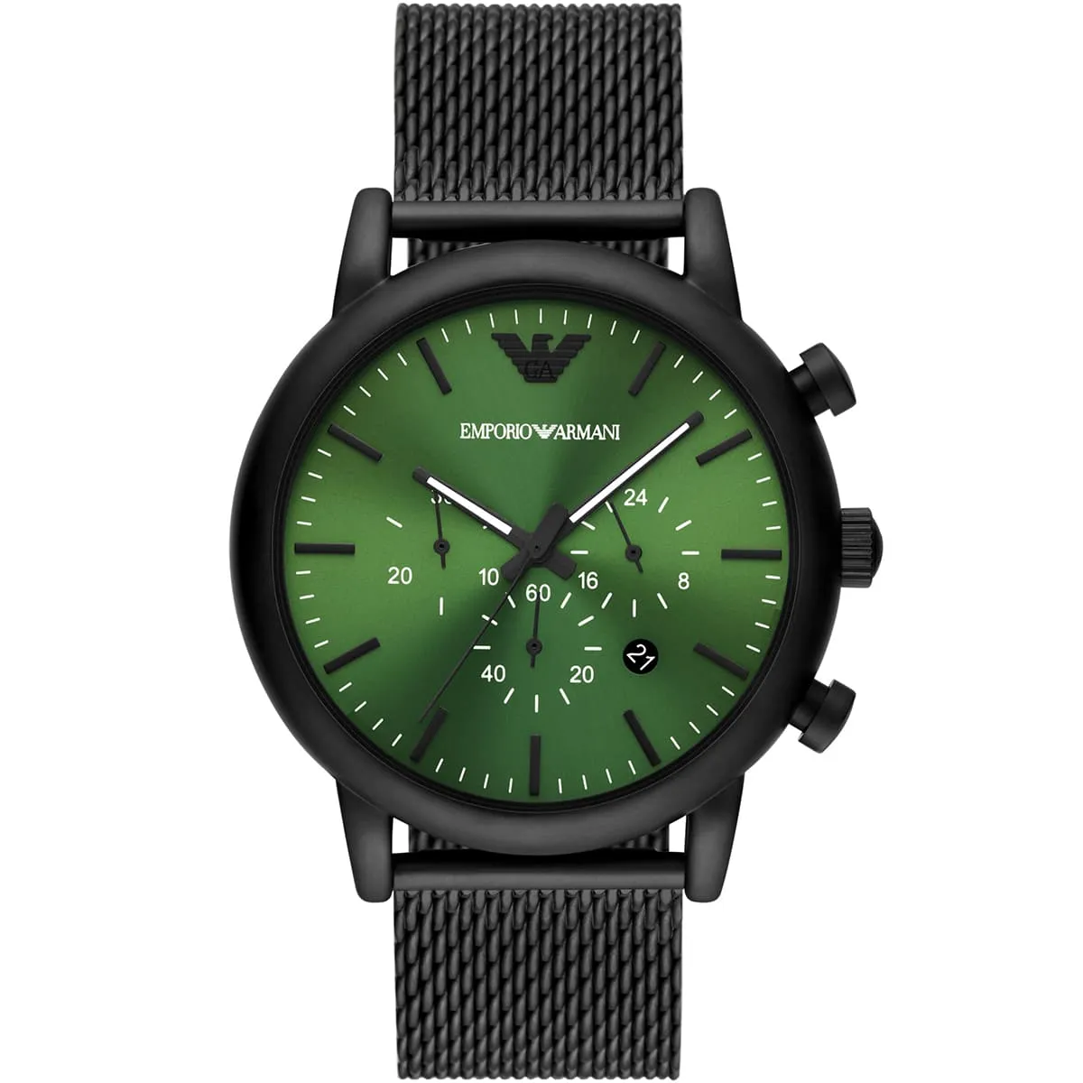 ar11470-emporio-armani-watch-men-green-dial-mesh-stainless-steel-metal-black-strap-quartz-battery-analog-chronograph-luigi ساعة امبوريو ارماني للرجال AR11470 - Image 1