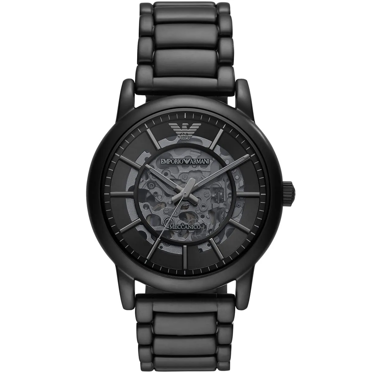 ar60045 emporio armani watch meccanico men black dial stainless steel metal strap automatic analog