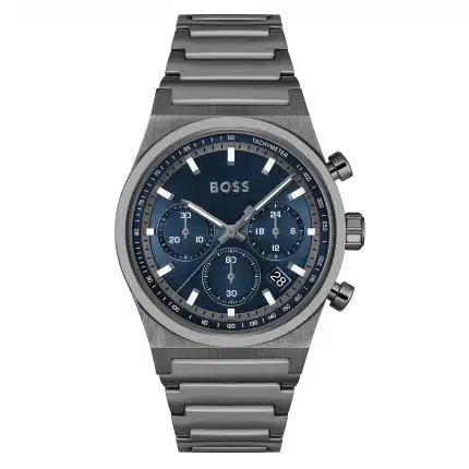 BOSS Candor Chrono Qtz Fashion Chrono Blue Round Dial Men's Watch|Ionic Plated Grey Steel Material|Grey Color Band - 1514223