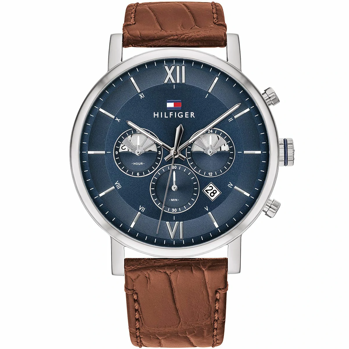 1710393-tommy-hilfiger-watch-men-blue-dial-leather-brown-strap-quartz-battery-analog-chronograph-evan ساعة تومي هيلفيغر للرجال 1710393 - Image 1