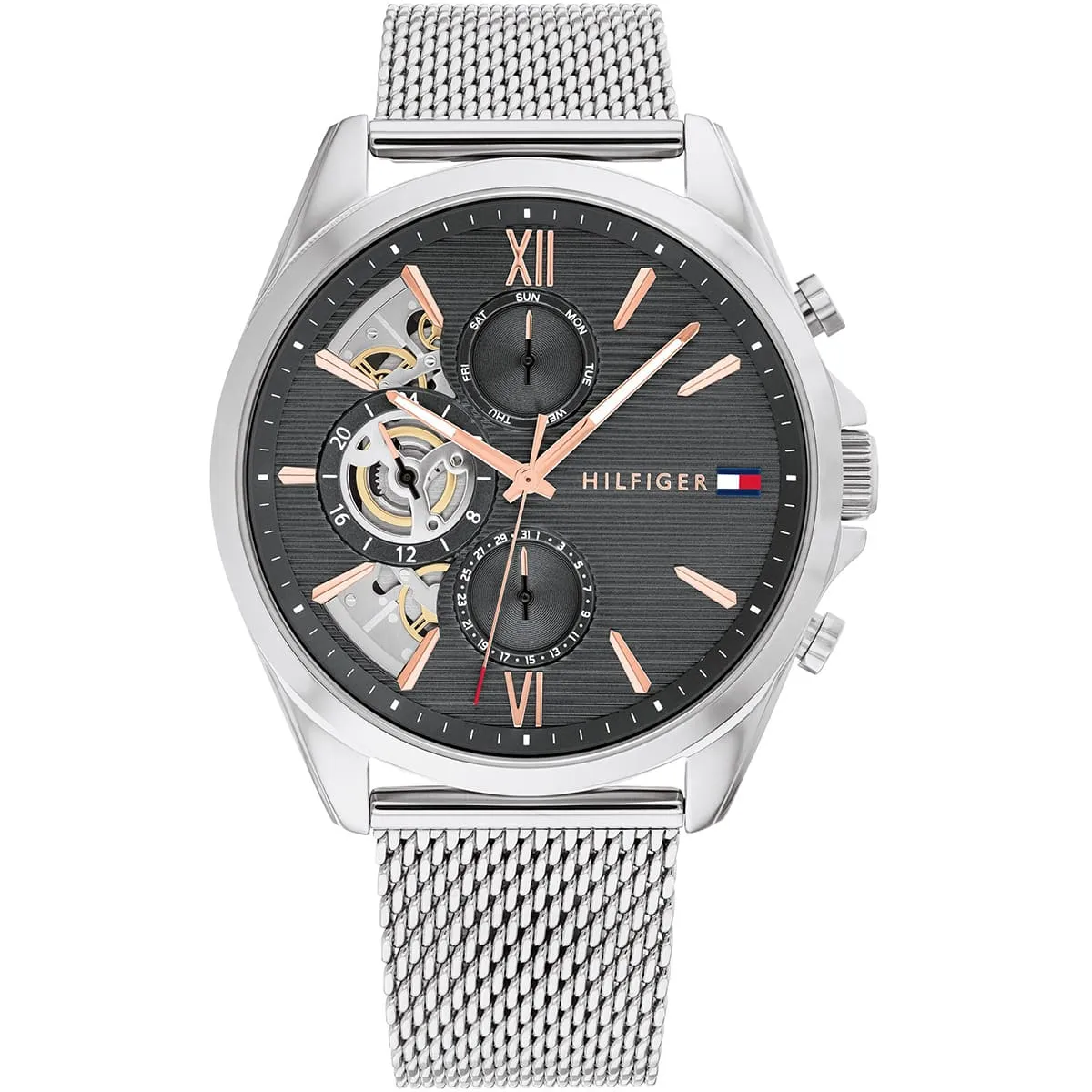 1710646-tommy-hilfiger-watch-men-gray-dial-metal-stainless-steel-silver-strap-quartz-analog-baker ساعة تومي هيلفيغر للرجال 1710646 - الصورة 1