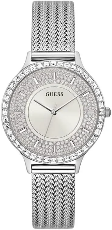 51ESIAHhzeL._AC_SX679_ GUESS Dress Watch for Women, Quartz Movement, Analog Display, Silver Stainless Steel Strap-GW0402L1 - الصورة 1
