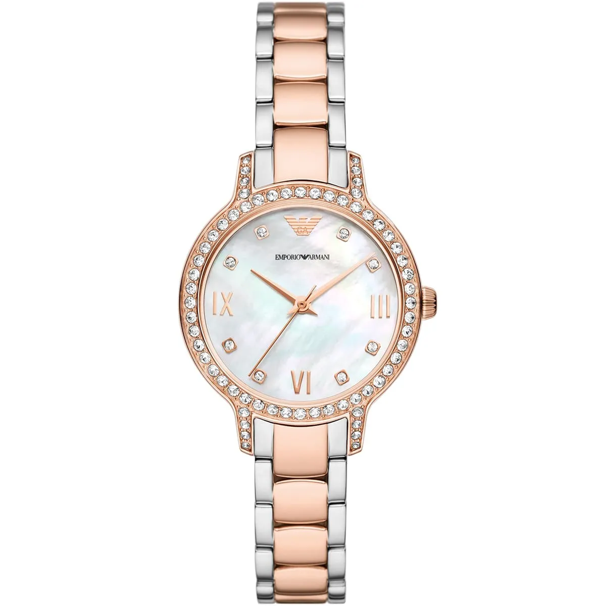 ar11499-emporio-armani-watch-women-crystals-mother-of-pearl-white-dial-stainless-steel-metal-silver-rose-gold-strap-quartz-battery-analog-cleo ساعة امبوريو ارماني للنساء AR11499 - الصورة 1