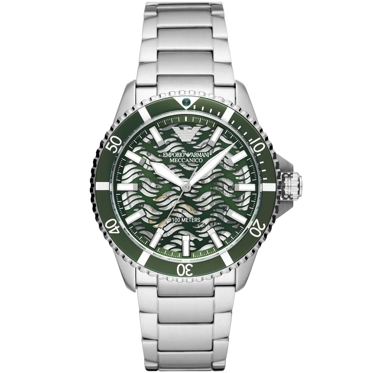 ar60061-emporio-armani-watch-meccanico-100-meters-men-green-dial-stainless-steel-metal-silver-strap-automatic-analog ساعة امبوريو ارماني للرجال AR60061 - الصورة 1