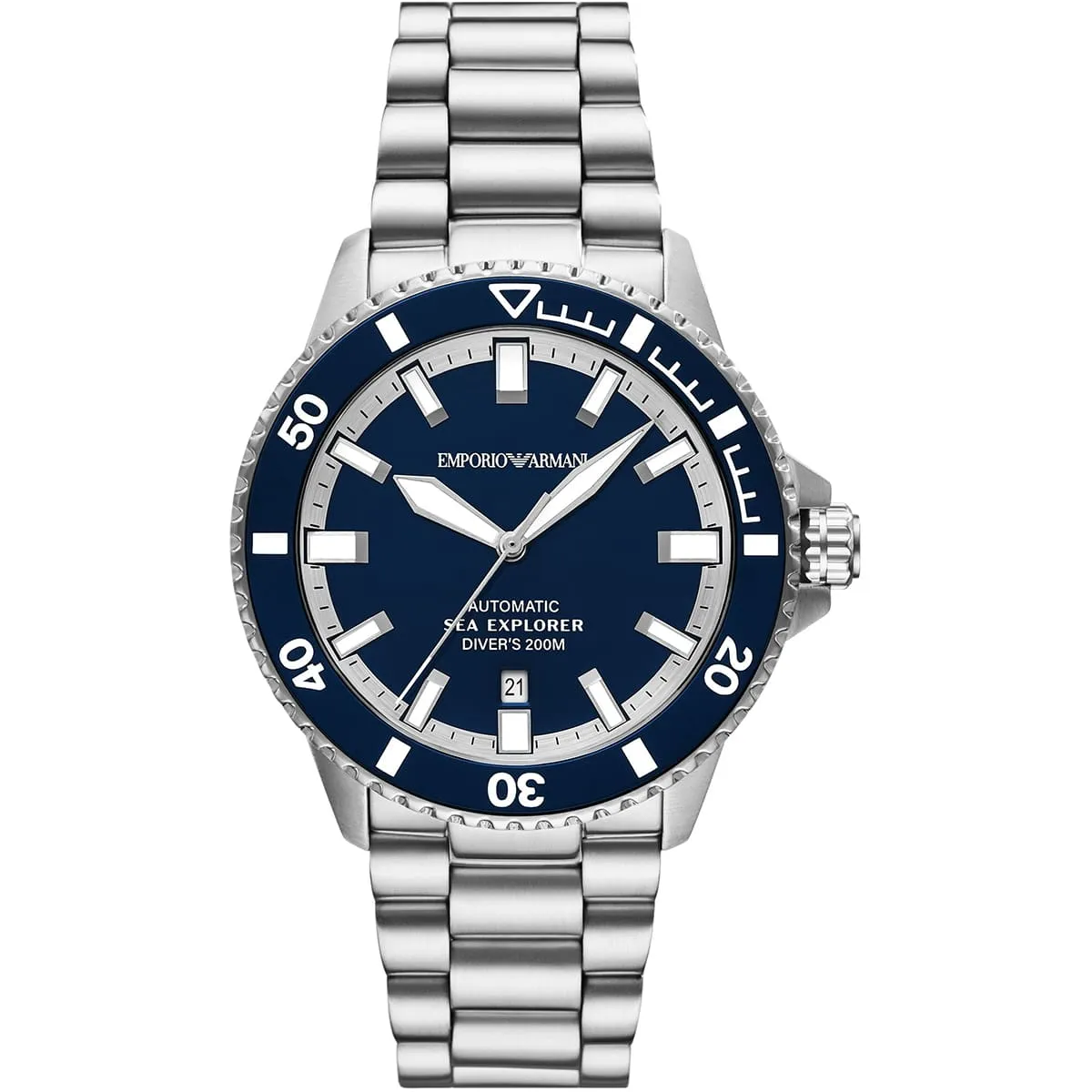 ar60087 emporio armani watch automatic sea explorer divers 200m men blue dial metal stainless steel silver strap analog