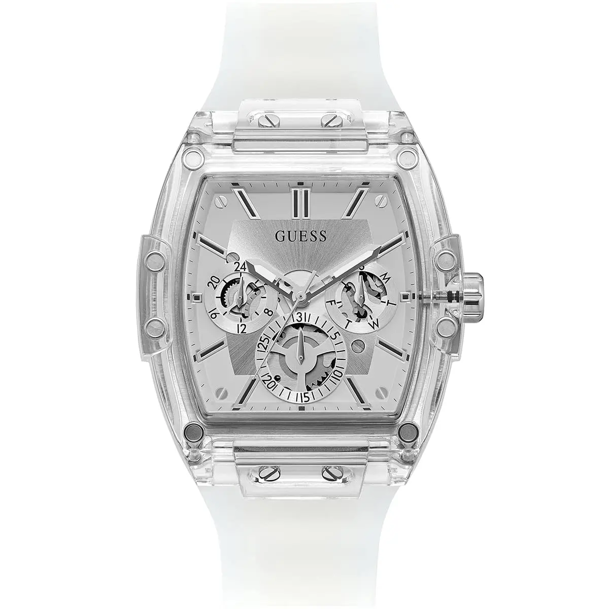 gw0203g1-guess-square-watch-men-silver-dial-rubber-transparent-strap-quartz-battery-analog-phoenix ساعة جيس للرجال GW0203G1 - Image 1