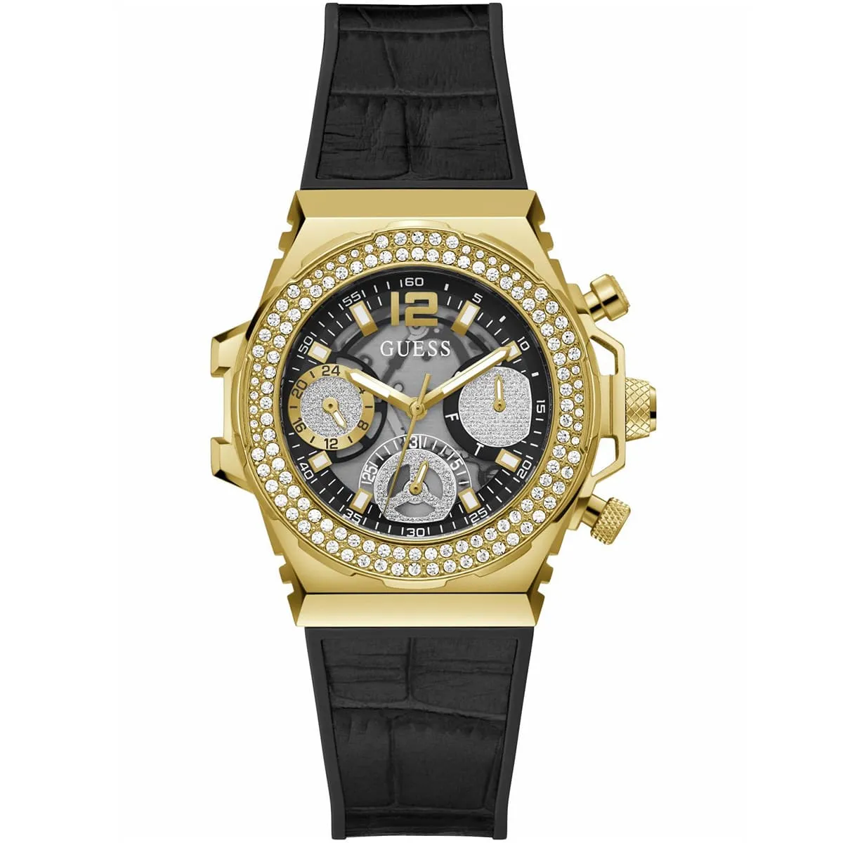 gw0553l4-guess-watch-women-crystals-black-dial-leather-strap-quartz-battery-analog-fusion ساعة جيس للنساء GW0553L4 - الصورة 1