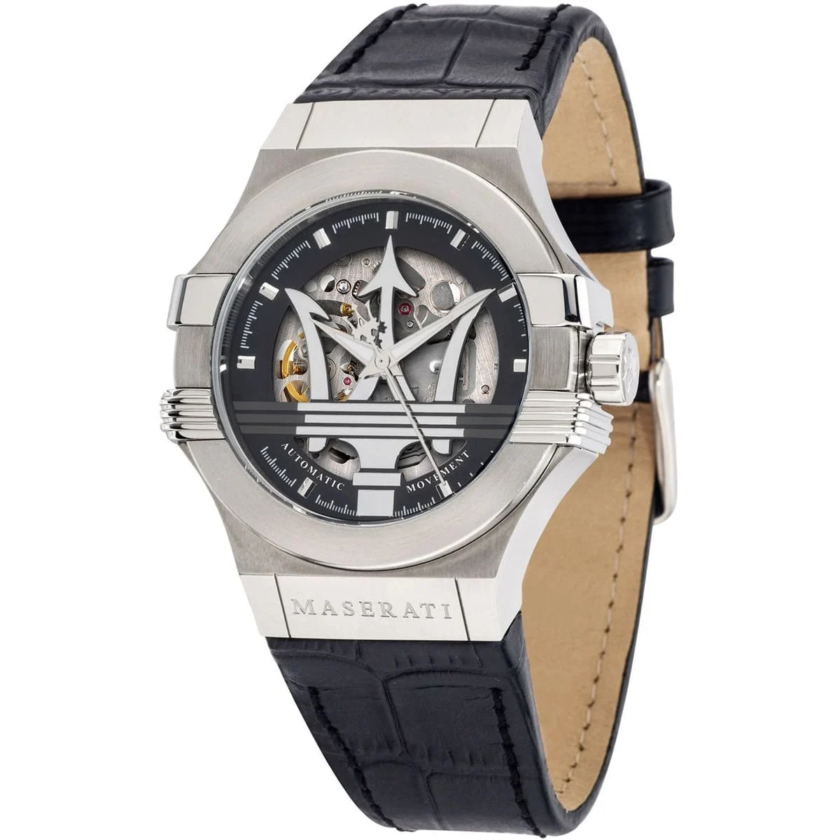 r8821108038 maserati watch men black dial leather strap automatic movment analog three hand potenza
