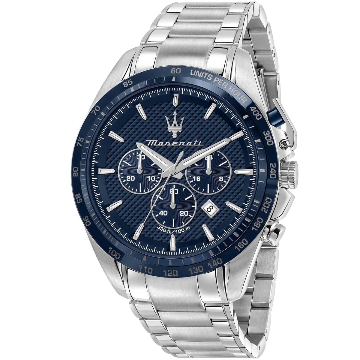 r8873612043 maserati watch men blue dial metal stainless steel silver strap quartz battery analog chronograph 330ft 100m traguardo