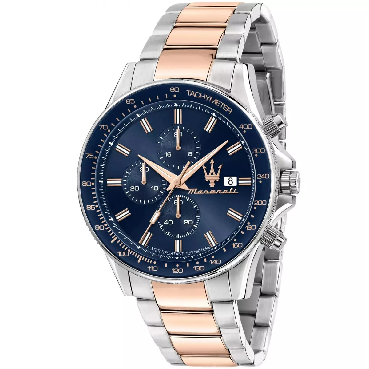 r8873640012-maserati-watch-men-blue-dial-metal-stainless-steel-silver-rose-gold-two-tone-strap-quartz-battery-analog-chronograph-water-resistant-100-meters-sfida ساعة مازيراتي للرجال R8873640012 - Image 1