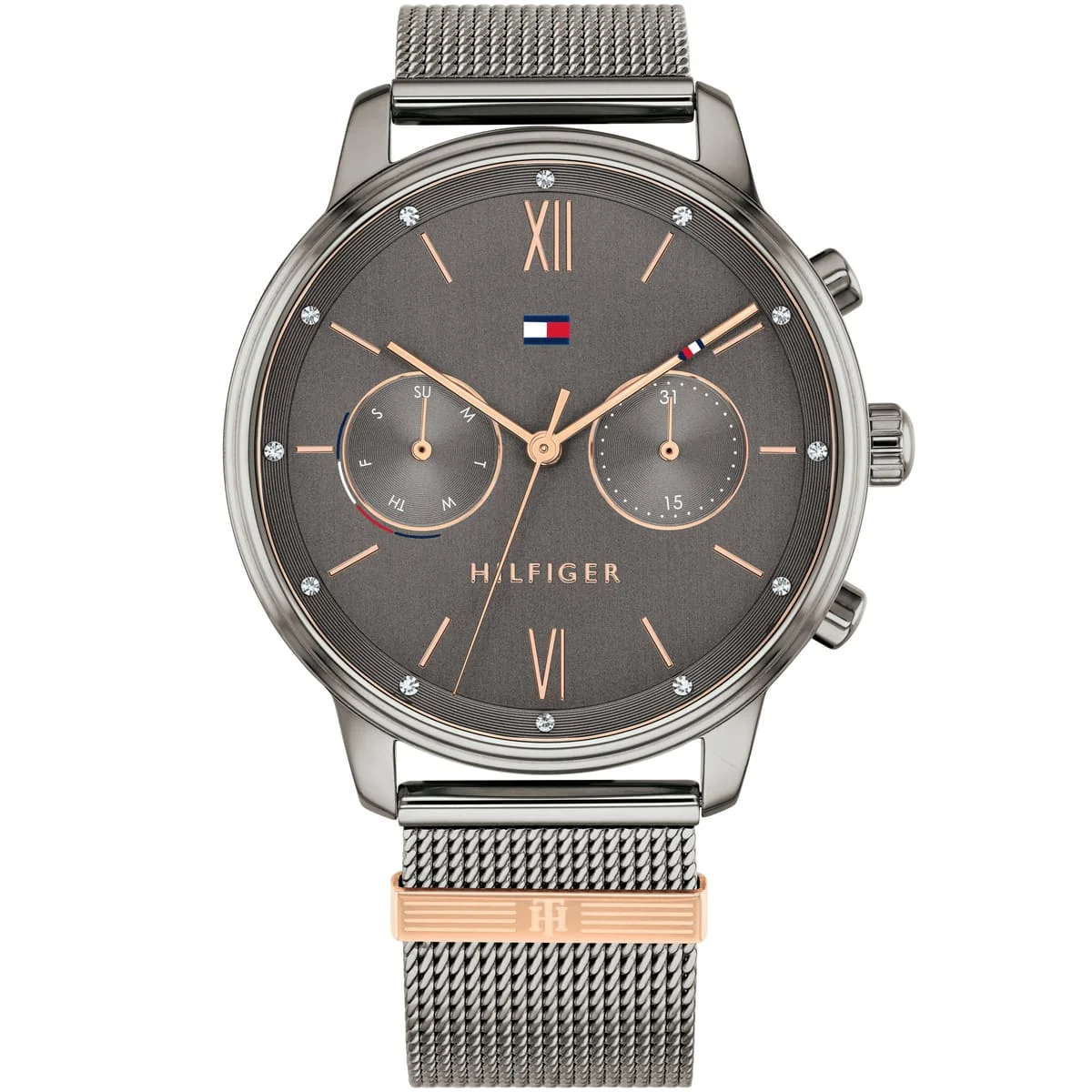 1782304-tommy-hilfiger-watch-women-gray-dial-stainless-steel-metal-grey-mesh-strap-quartz-analog-day-date-month-blake ساعة تومي هيلفيغر للنساء 1782304 - Image 1