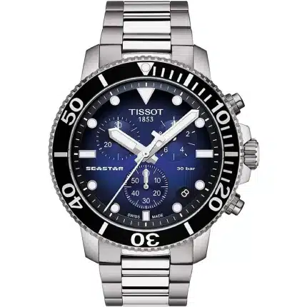 ساعه من tissot تعمل بعدادات بلون ازرق وسير فضي من المعدن
