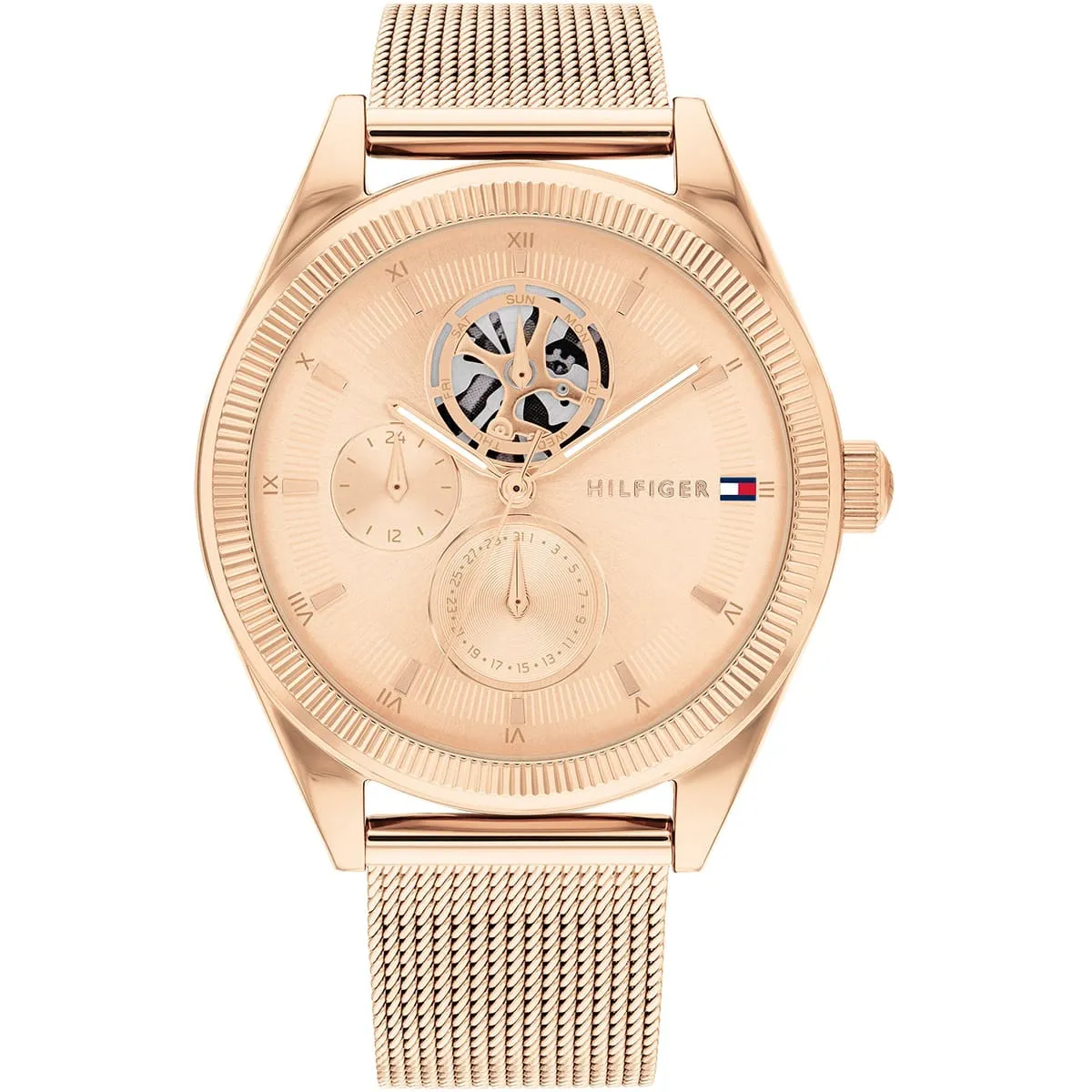1782715 tommy hilfiger watch women skeleton rose gold dial metal stainless steel rose golden mesh strap quartz analog monica