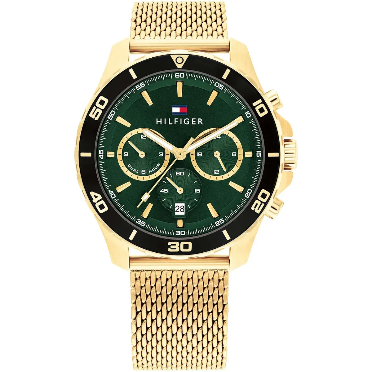 1792093 tommy hilfiger watch dual time men green dial mesh metal stainless steel gold strap quartz battery analog jordan