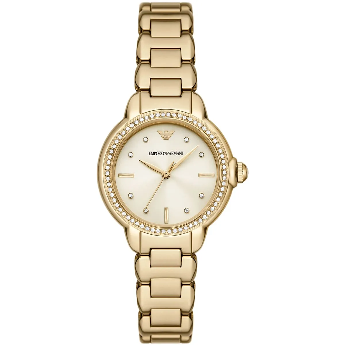 ar11609 emporio armani watch women crystals beige dial metal stainless steel gold strap quartz analog mia
