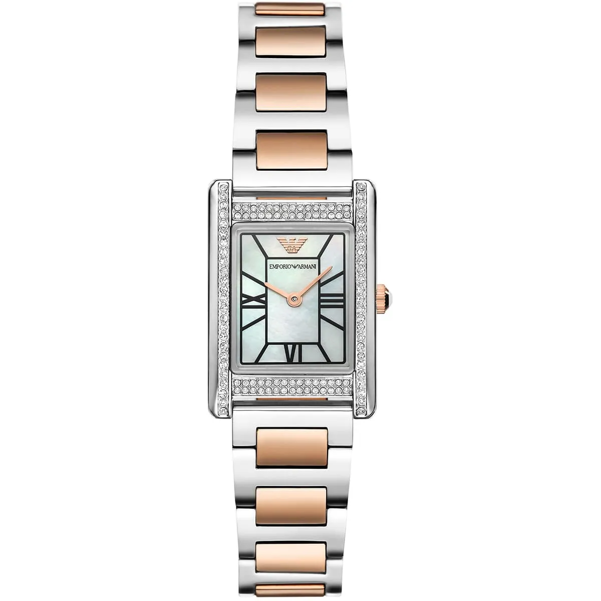ar11626 emporio armani watch women mother of pearl crystals two tone silver square dial metal stainless steel rose gold strap quartz analog genni