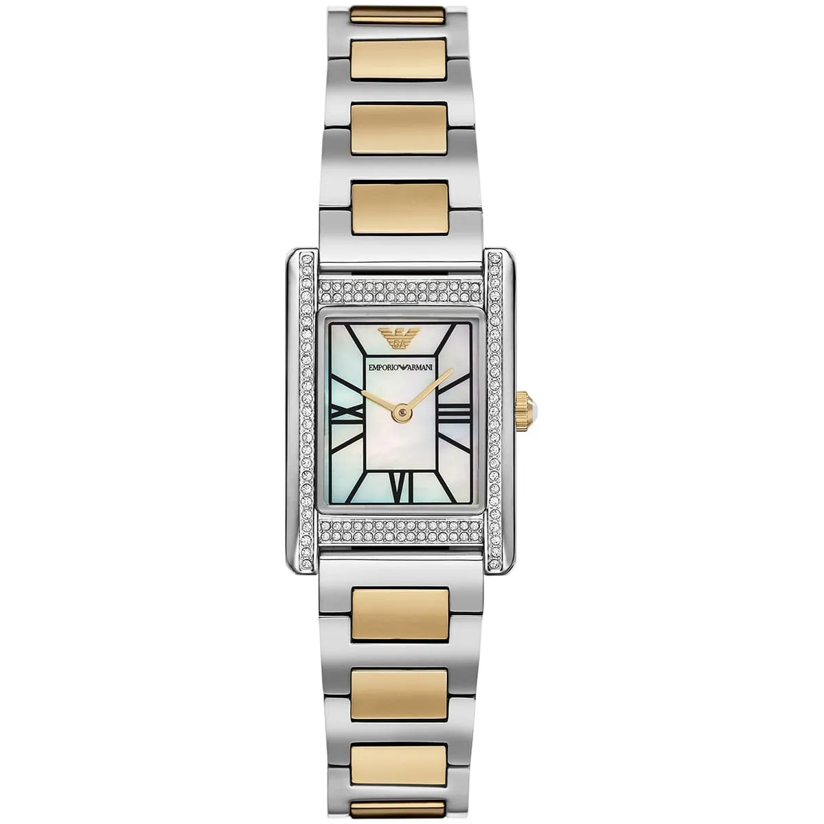 ar11642 emporio armani watch women mother of pearl crystals two tone multicolored square dial metal stainless steel silver gold strap quartz analog genni