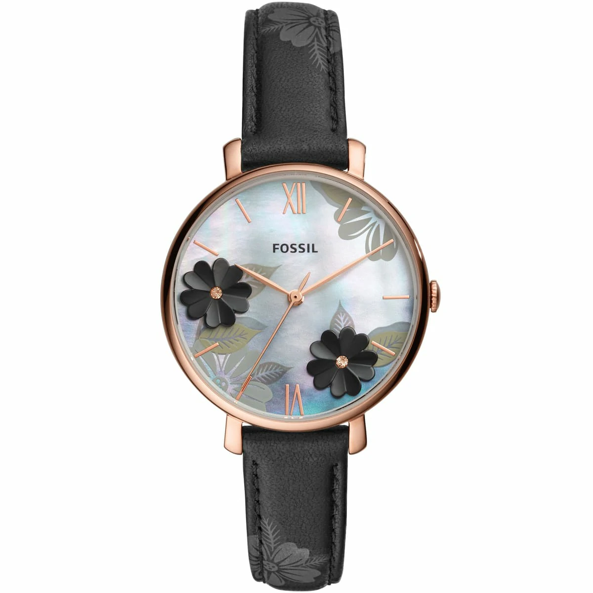 es4535 fossil watch women white dial leather black strap quartz analog three hand flower jacqueline