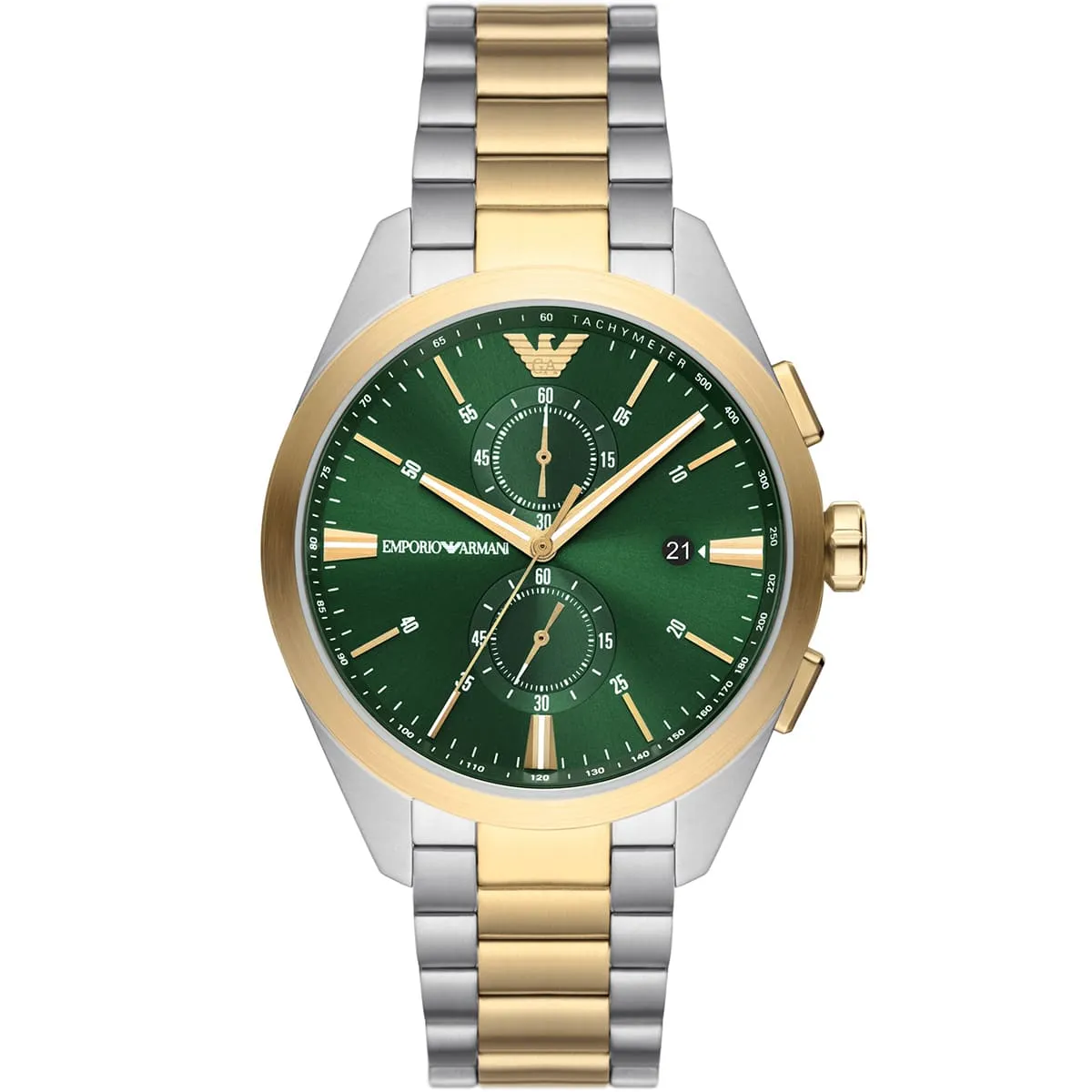 ar11511 emporio armani watch men green dial stainless steel metal silver gold strap quartz battery analog chronograph