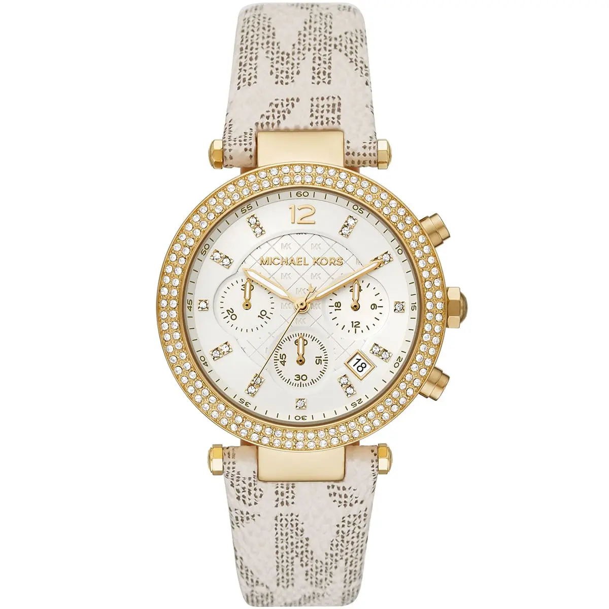 mk6916-michael-kors-chronograph-watch-women-white-dial-polyurethane-chloride-beige-strap-quartz-battery-analog-crystals-parker ساعة مايكل كورس للنساء MK6916 - الصورة 1