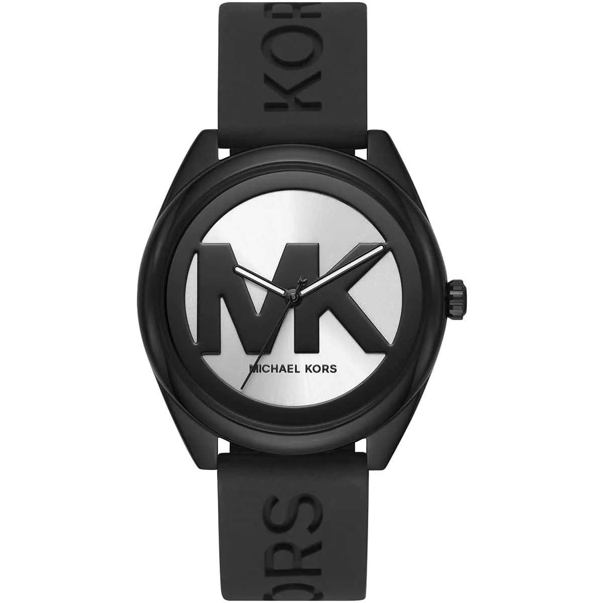 mk7138-michael-kors-watch-women-mk-logo-silver-dial-rubber-black-strap-quartz-battery-analog-three-hand-janelle ساعة مايكل كورس للنساء MK7138 - الصورة 1